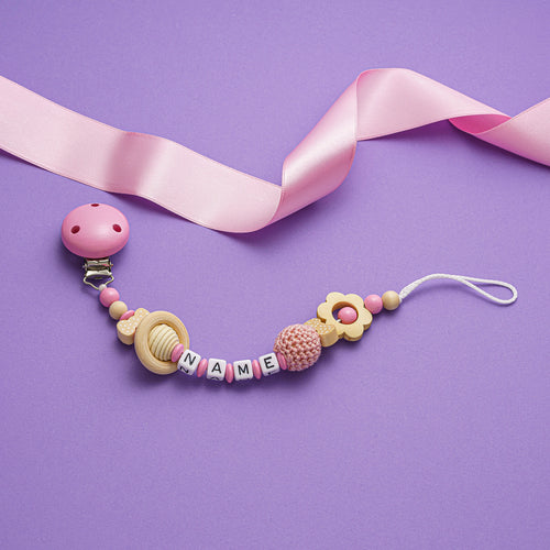 Schnullerkette mit Namen rosa Blume