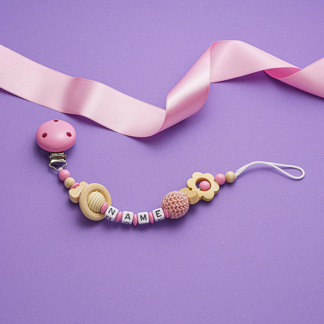 Schnullerkette mit Namen rosa Blume