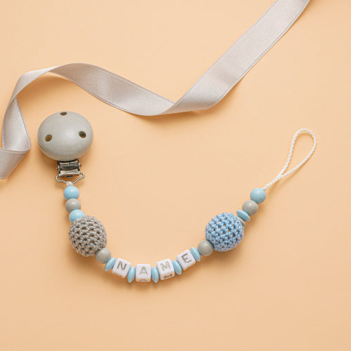 Schnullerkette mit Namen grau blau